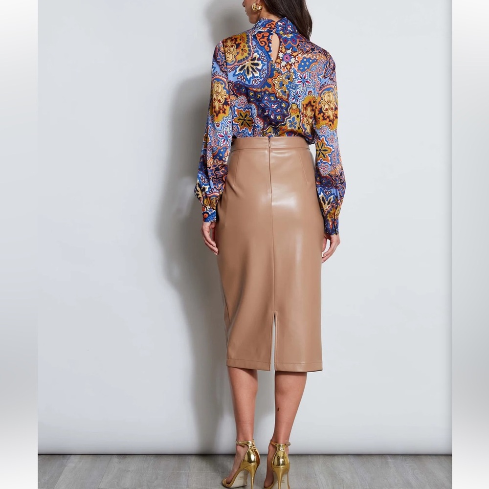 Tahari Tan Fux Leather Pencil Skirt - Picture 3 of 11